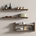 Wooden Wall Mounted Shelving Units for Kitchen Storage with Bottles Jars Bowls Toaster and Books