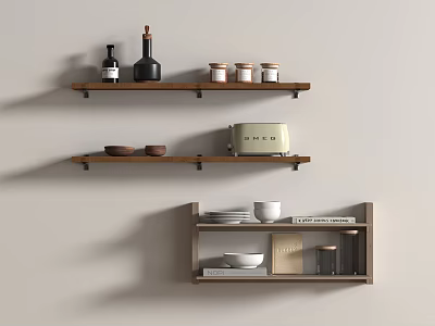 Wooden Wall Mounted Shelving Units for Kitchen Storage with Bottles Jars Bowls Toaster and Books 3d model