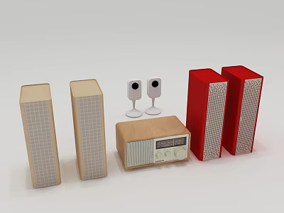Various Headphone and Speaker Styles with Beige Red Wooden Colors 3d model