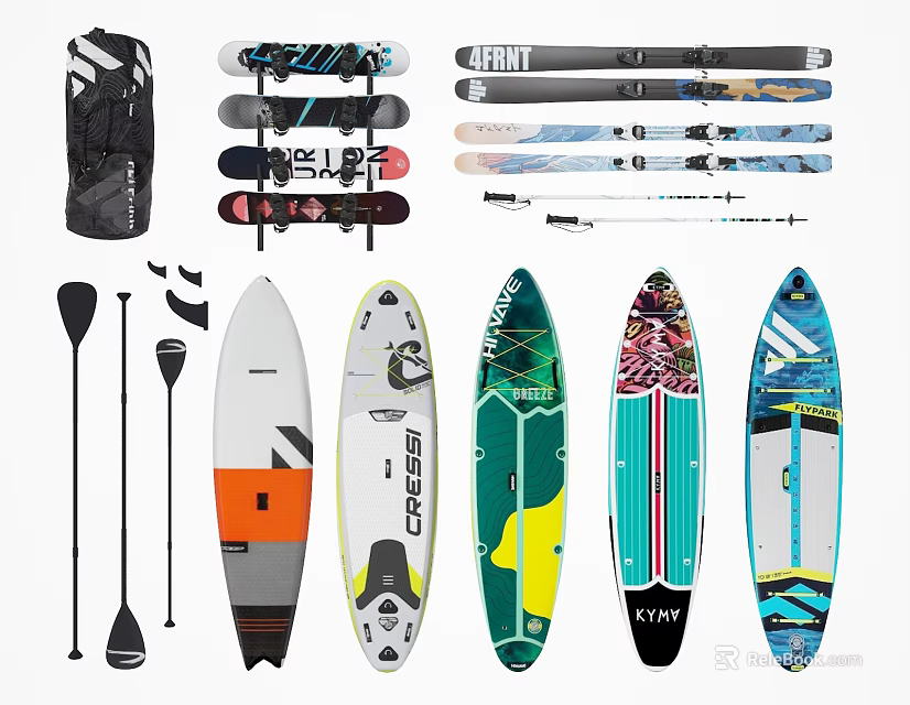 Colorful Stand Up Paddleboards Paddles Snowboards And Backpack Sports Equipment Collection 3d model 