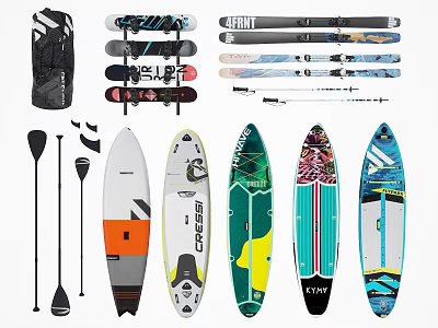 Colorful Stand Up Paddleboards Paddles Snowboards And Backpack Sports Equipment Collection 3d model