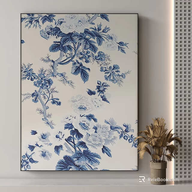 Blue And White Floral Pattern Wall With Decorative Plant In Modern Interior 3d model 