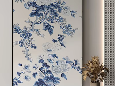 Blue And White Floral Pattern Wall With Decorative Plant In Modern Interior 3d model