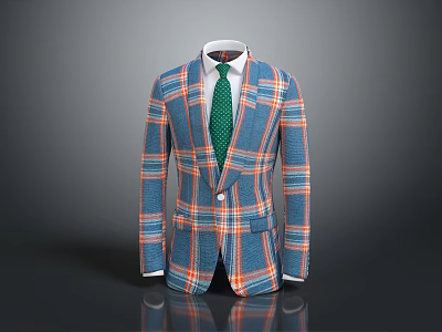 Men's Formal Plaid Suit Blue Orange And White Checkered With Green Tie For Formal Occasions 3d model