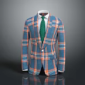 Men's Formal Plaid Suit Blue Orange And White Checkered With Green Tie For Formal Occasions