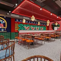 Red-themed Restaurant Featuring Chinese Signage Pendant Lights Meat Shelves and Dining Tables