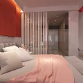 Elegant Hotel Guest Room Interior With Red Walls Crystal Chandelier Gray Sofa And Pink Bedspread