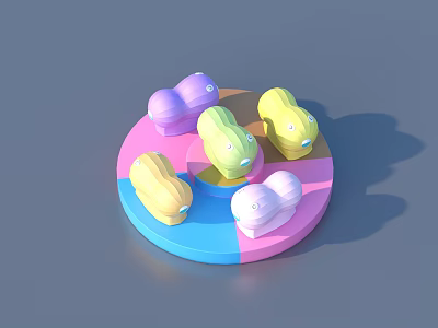 Colorful Circular Platform With Cartoon Shaped Objects In Purple Yellow Green And White 3d model