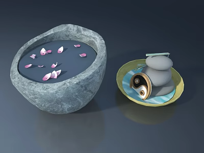Natural Swing Door Design With Gray Stone Bowl Water And Pink Petals 3d model