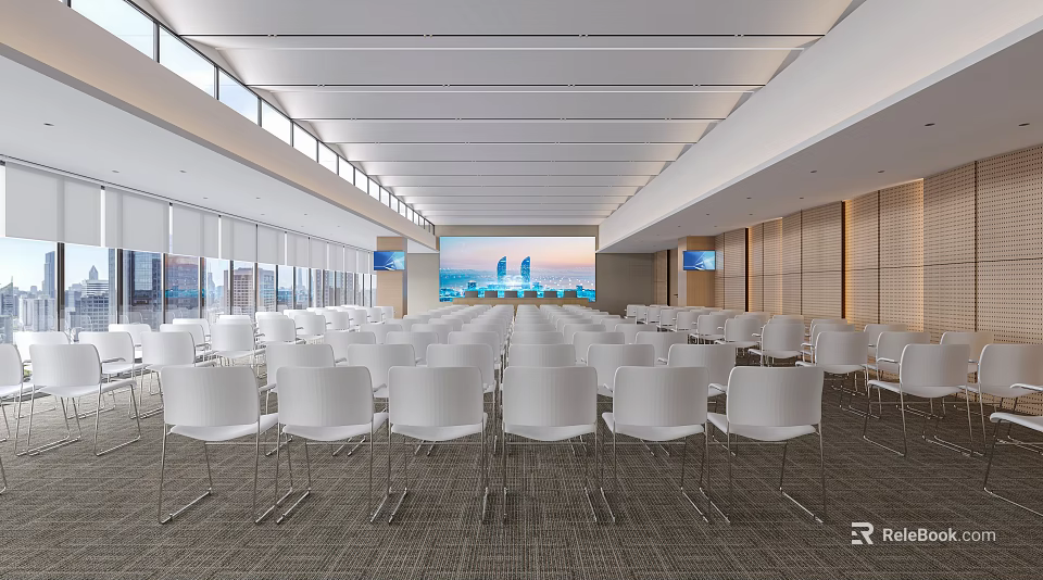 Modern Spacious Conference Room With White Chairs Large Screen And City View Windows 3d model 