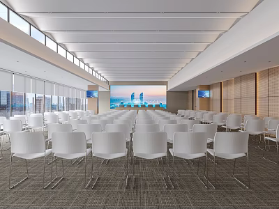 Modern Spacious Conference Room With White Chairs Large Screen And City View Windows 3d model