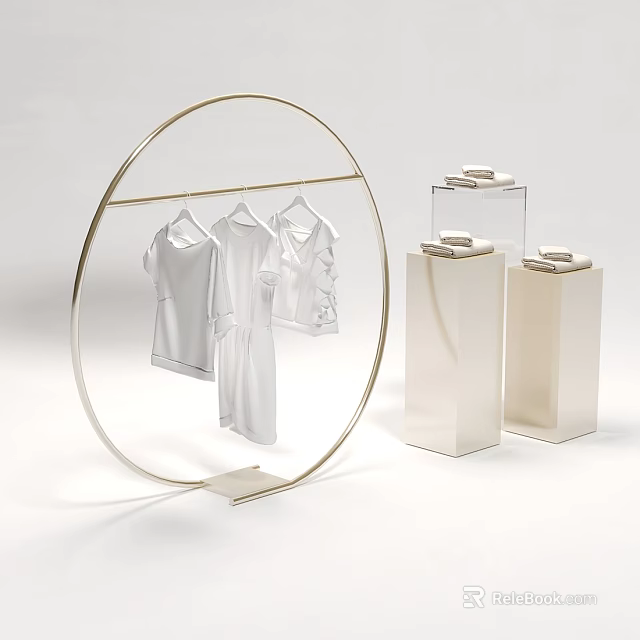 Circular Display Rack with Hanging White Clothes and Cube Display Boxes in Modern Retail Setting 3d model 