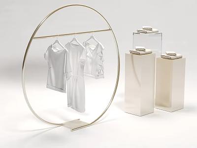 Circular Display Rack with Hanging White Clothes and Cube Display Boxes in Modern Retail Setting 3d model