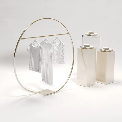 Circular Display Rack with Hanging White Clothes and Cube Display Boxes in Modern Retail Setting 3d model