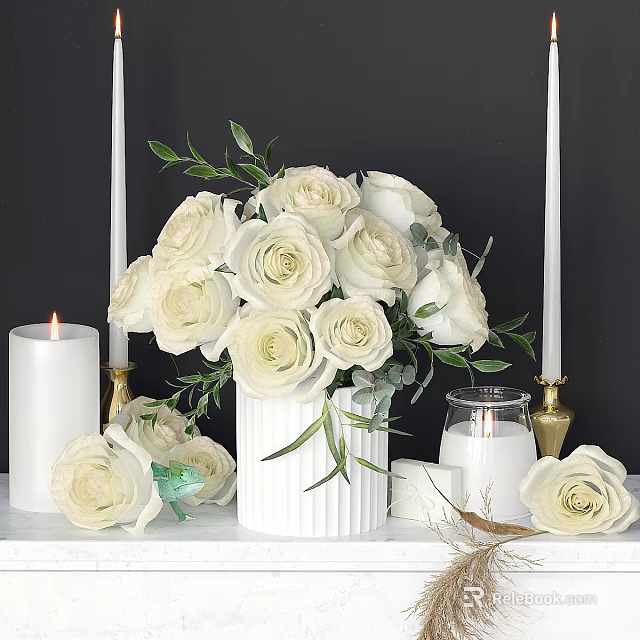 Elegant Decorative Ornament Set With White Roses Candles And Gold Candle Holders 3d model 