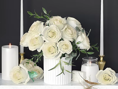 Elegant Decorative Ornament Set With White Roses Candles And Gold Candle Holders 3d model