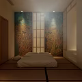 Japanese Style SPA Sauna Interior With Tatami Floor Shoji Screens Mirror And TV