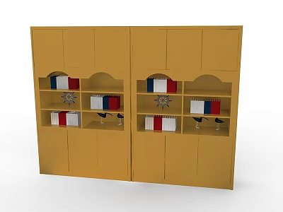 Yellow Double Section Display Cabinet With Shelves Books Wine Glasses And Decorations 3d model