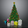Christmas Tree With Star On Top Colorful Balls Red Decorations And Colorful Gift Boxes Under