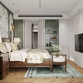 Classic Green Bedroom Interior With Patterned Wall Headboard And Bench