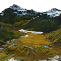 Natural Garden Landscape with Snow Capped Mountains Green Grasslands Yellow Terrain and Streams