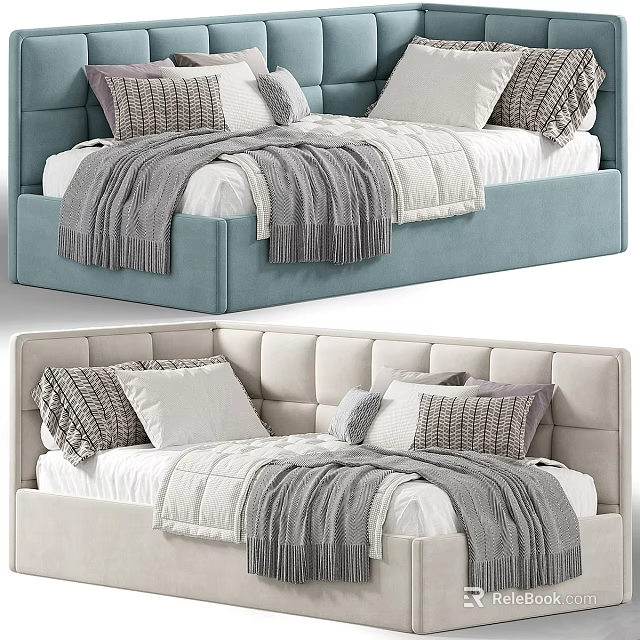 Cozy Upholstered Kids Bed with Blue Beige Pillows and Soft Blanket 3d model 