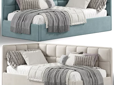 Cozy Upholstered Kids Bed with Blue Beige Pillows and Soft Blanket 3d model