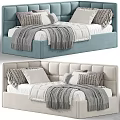 Cozy Upholstered Kids Bed with Blue Beige Pillows and Soft Blanket