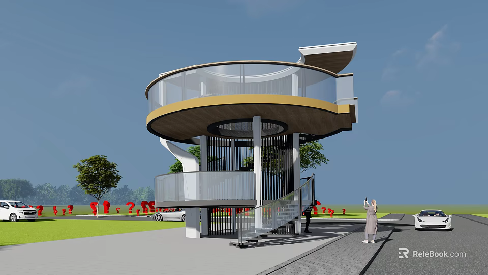 Modern Garden Landscape Featuring Circular Glass Wood Observation Structure With Lawn And Trees 3d model 