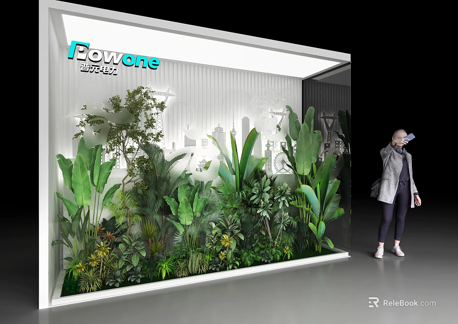 Dowone Space Creative Window Display With Lush Green Plants Vertical Garden And City Silhouette Decorations 3d model 