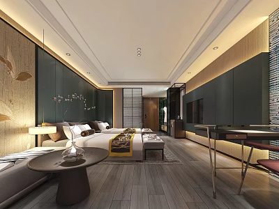 Modern Hotel Room Interior With Dark Green Walls Large Bed Wooden Flooring And Bedside Lamps 3d model