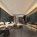Modern Hotel Room Interior With Dark Green Walls Large Bed Wooden Flooring And Bedside Lamps