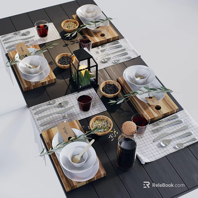 Elegant Tableware Set White Bowls Plates Silver Cutlery Wooden Trays Lantern Olive Branches Black Table 3d model 