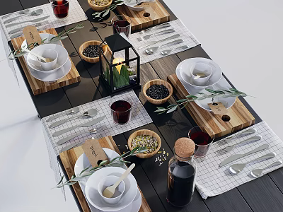 Elegant Tableware Set White Bowls Plates Silver Cutlery Wooden Trays Lantern Olive Branches Black Table 3d model