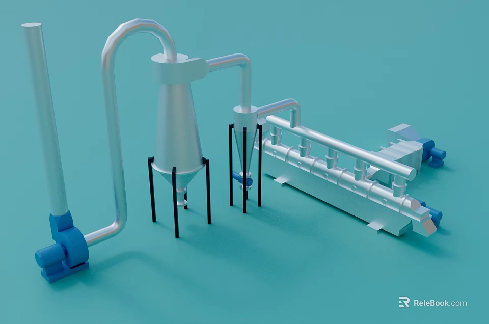 Industrial Equipment with Conical Vessel Metal Pipes Support Stands and Connecting Parts 3d model 