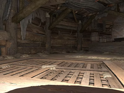 Historical Wooden Basement Interior With Weathered Beams And Flagstone Floor 3d model