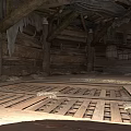 Historical Wooden Basement Interior With Weathered Beams And Flagstone Floor