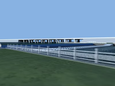 Scenic Outdoor Waterfront Pier With Green Grassland And Safety Railing 3d model