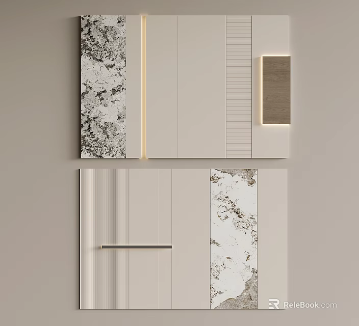 Modern Sofa Background Wall Design With Marble Texture Linear Stripes And Recessed Lighting 3d model 