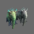 Two Mythical Elephant Like Creatures Green And Gray With Crown Like Head Structures