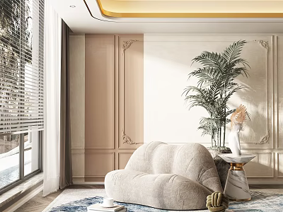 Cozy Beige Bean Bag Chair in Modern Living Room with Decorative Plant Vase and Side Table 3d model