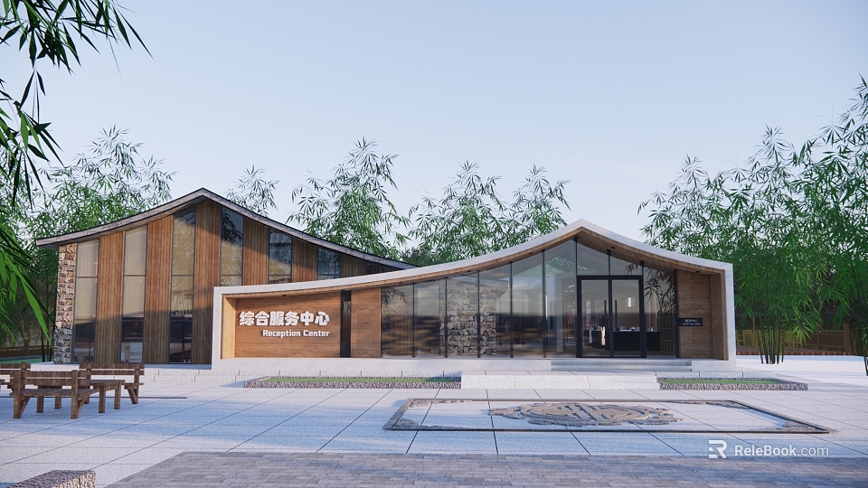 Modern Wooden Tourist Center With Glass Facade Surrounded By Trees And Entrance Steps 3d model 