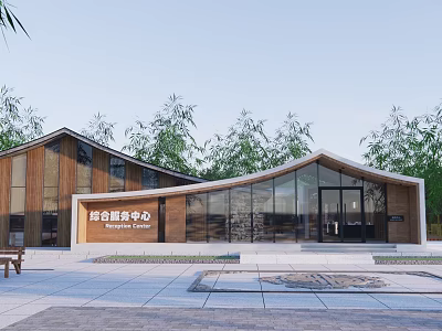 Modern Wooden Tourist Center With Glass Facade Surrounded By Trees And Entrance Steps 3d model