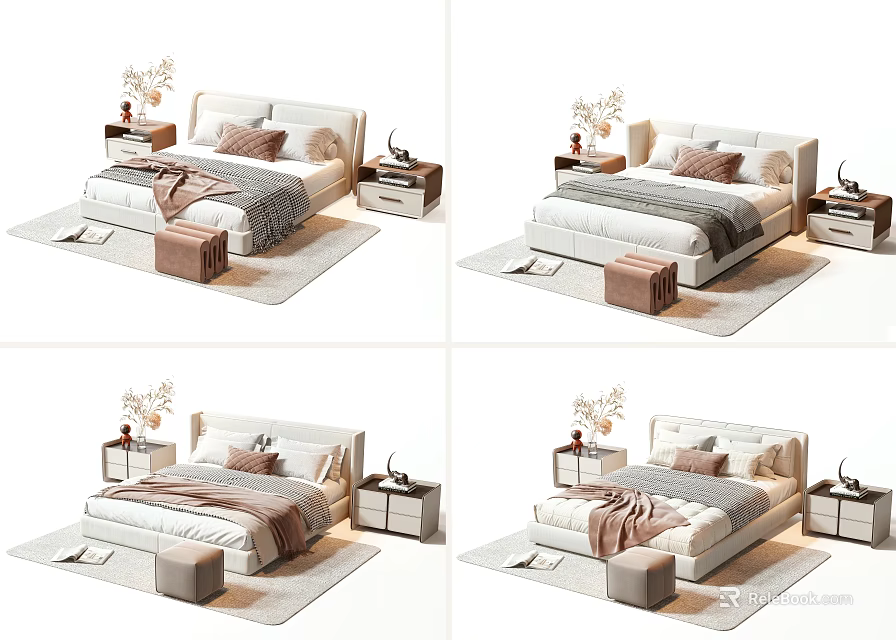 Modern Double Bed Interior With Bedside Tables Pillows Blankets Rug And Stool 3d model 