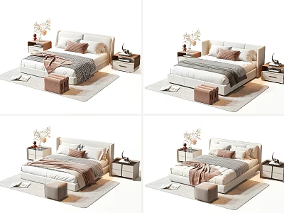 Modern Double Bed Interior With Bedside Tables Pillows Blankets Rug And Stool 3d model
