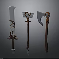 Intricate Ornate Crafted Weapons Including Sword and Axes With Decorative Handles