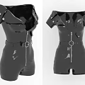 Tight Fitting Black Patent Leather Playsuit With Front Zipper Belt And Short Sleeves