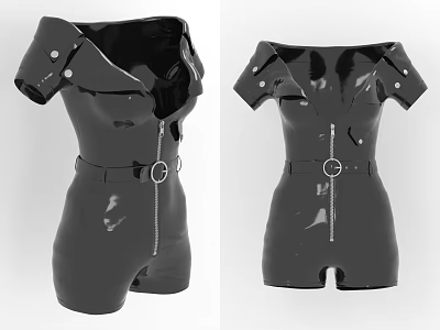 Tight Fitting Black Patent Leather Playsuit With Front Zipper Belt And Short Sleeves 3d model