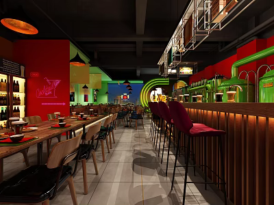 Modern Restaurant Interior With Red Green Decor Bar Stools Dining Tables And Pendant Lights 3d model