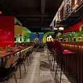 Modern Restaurant Interior With Red Green Decor Bar Stools Dining Tables And Pendant Lights